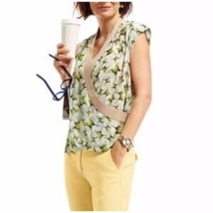 Cabi Cream and Green Butterfly Print Faux Wrap Semi Sheer Top Size M